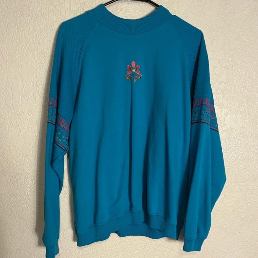 Vintage American Sportif Womens L Teal Sweatshirt Embroidered Floral Crewneck